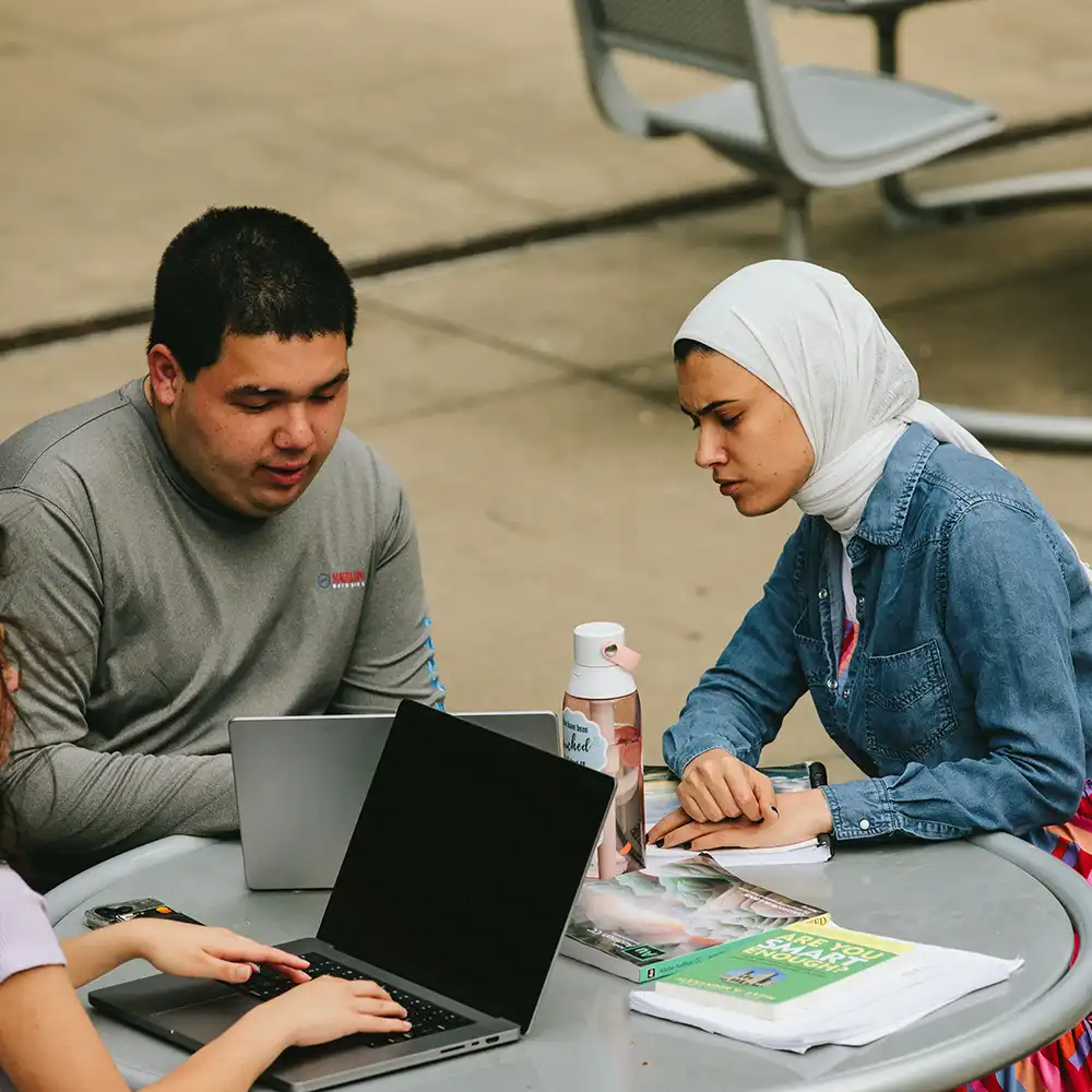 Students engage in study session in common area.