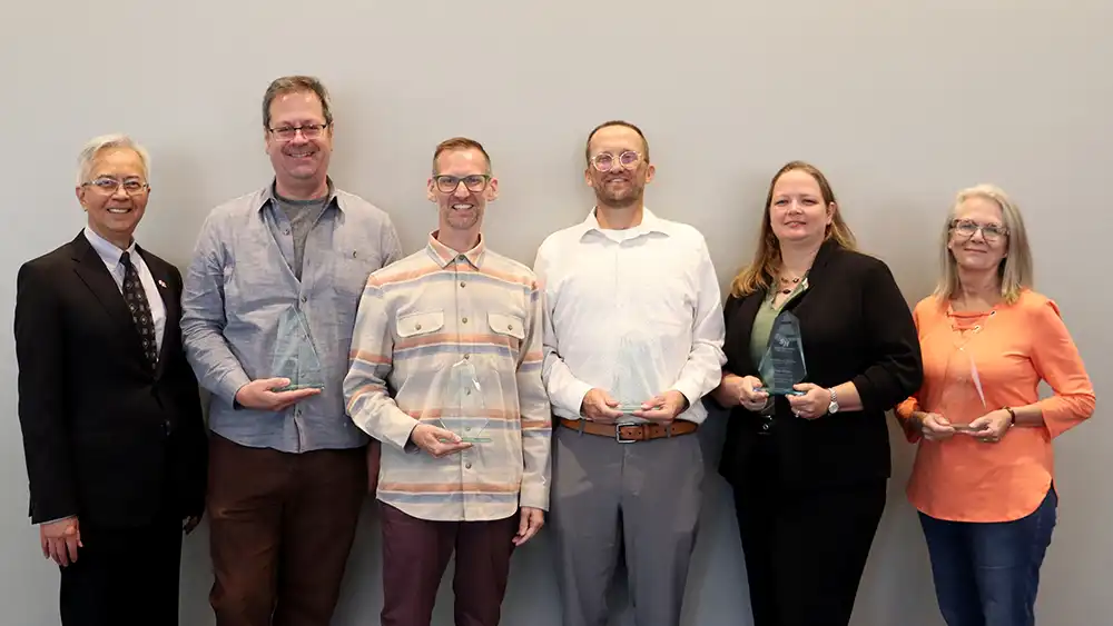 Dean Chien-pin Li with Annual Awards winners: Michael Demson, Jeffrey Gardener, Zachary Doleshal, Dena Horne, and Tracy Bilsing