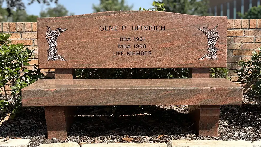 Granite bench for Gene P Heinrich, class of '61 and '68, life member of the Alumni Association