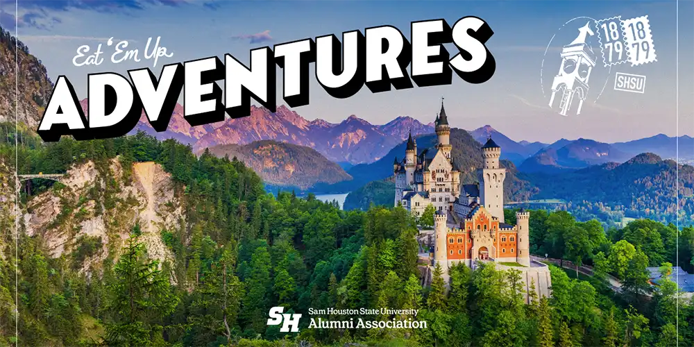 Eat 'Em Up Adventures postcard featuring Neuschwanstein Castle 