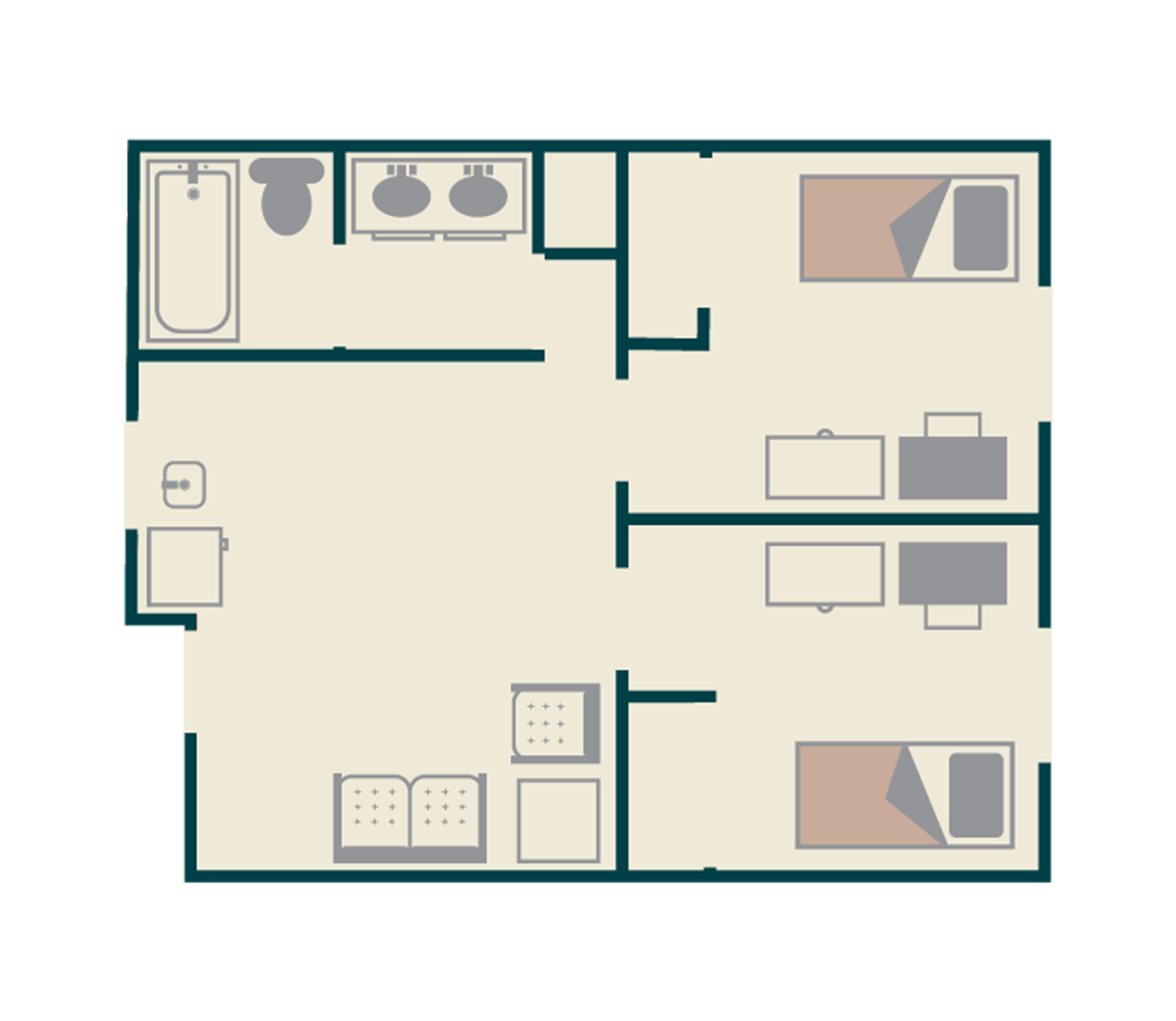 Floor plan of a two-bedroom, one-bathroom apartment in Bearkat Village at Sam Houston State University. Each bedroom includes a bed, dresser, chair, and desk. The shared bathroom features a bathtub/shower, toilet, and double sink vanity. A central common area provides space for seating and storage. The layout is simple and functional, designed for student living.