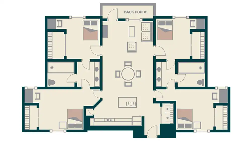 Floor plan of a four-bedroom, four-bathroom apartment at Campus Edge, Sam Houston State University. Each bedroom is located in a corner of the unit and includes a bed, desk, chair, dresser, closet, and a shared jack-and-jill bathroom. The center of the apartment features a shared living room with seating and a dining table. An open kitchen with appliances and counter space is adjacent to the living area. A back porch is accessible from the living room.