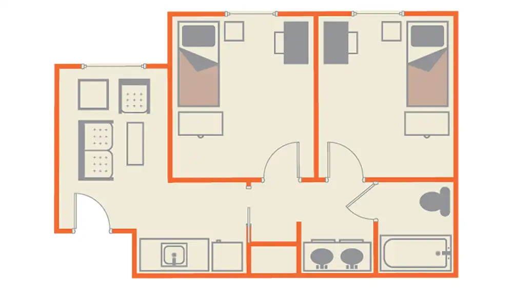 Image Alt Text   The floor plan image of SHSU's Raven Village shows a two-bedroom apartment layout. Each bedroom contains a bed, desk, and storage. The apartment includes a shared bathroom with a toilet and a bathtub; two sinks are located outside the bathroom area. There is also a common area with seating and storage units, as well as a kitchenette area with a sink, microwave, refrigerator, and counter space. The walls are outlined in orange.
