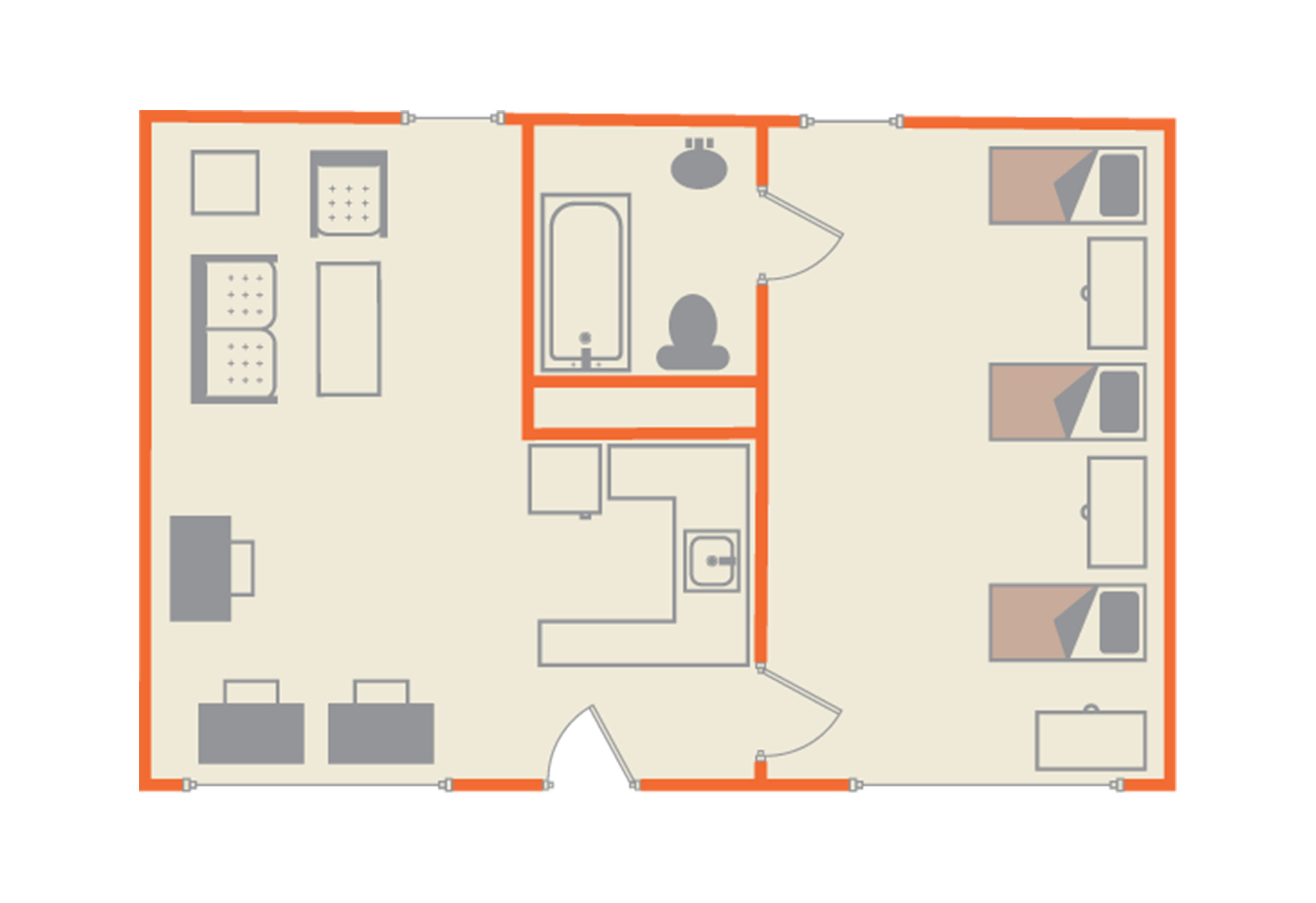 ​​Floor plan of White Hall at Sam Houston State University. Upon entry, the kitchenette is straight ahead. The layout includes two main rooms and a shared bathroom. The right room contains three beds aligned vertically along the right wall, each with a wardrobe nearby. The central bathroom includes a shower/bathtub, toilet, and sink. The left room features three desks with chairs and is located in the bottom right corner of the room. Also in that room, opposite the desks, is a couch, chair, coffee table, and side table. Orange outlines mark the walls and boundaries between rooms.​ 