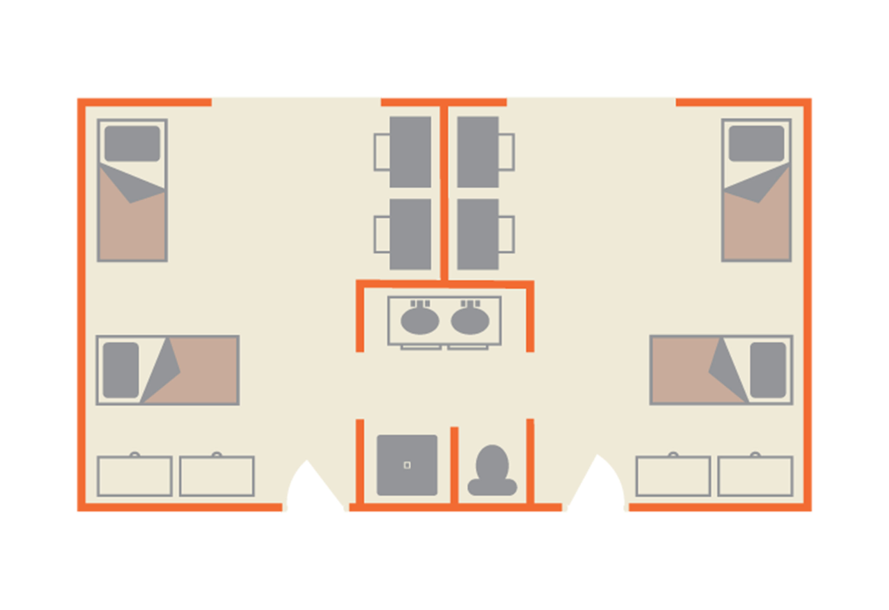 Floor plan of one of the Small House Residence Hall at Sam Houston State University. The layout includes four bedrooms—two on each side—each furnished with two beds, two desks, and storage units at the foot of each bed. At the center of the plan are four desks arranged in pairs facing each other. Below the desks are two side-by-side sinks. A shared bathroom with a toilet and shower stall is located at the bottom center of the layout. Orange outlines define the walls and separate the rooms and common areas.