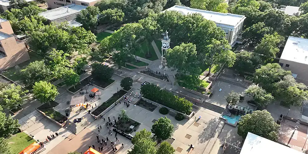 Arial view of Parker Plaza on campus.