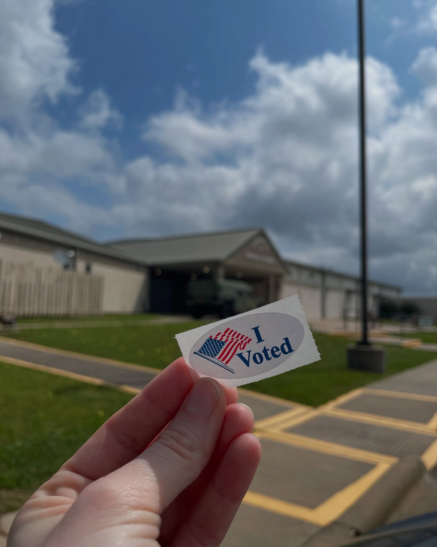 Just voted sticker in front of building