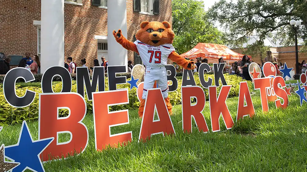 Sammy the Bearkat and the 2024 Homecoming King and Queen crowned at the 2024 Homecoming Football Game. 