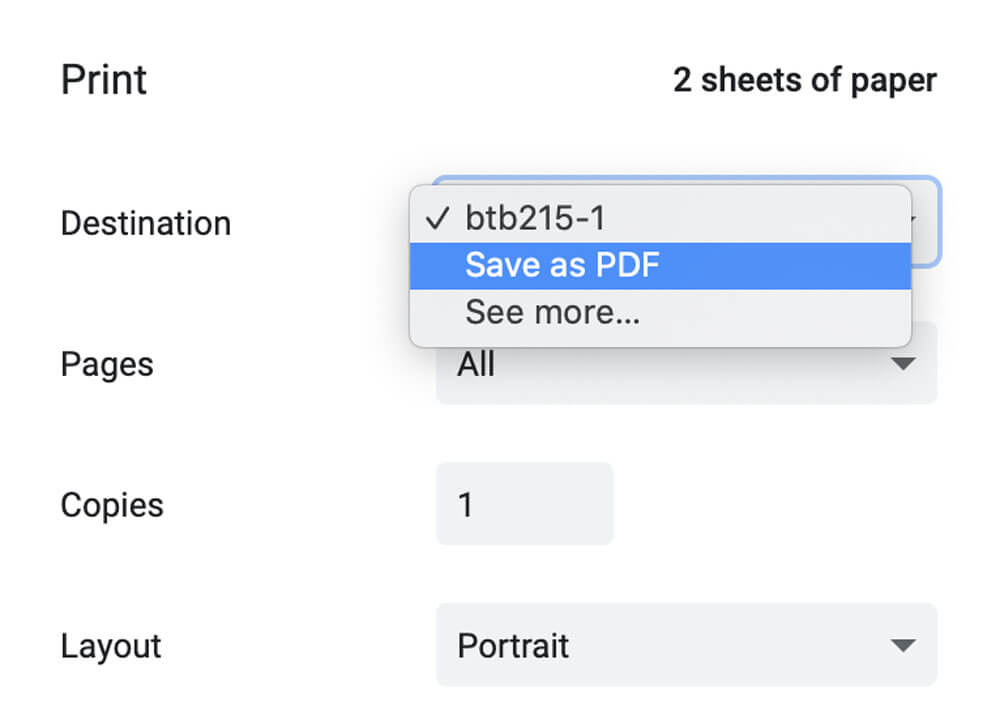A screenshot displaying a print menu for exporting tax documents as a PDF file.