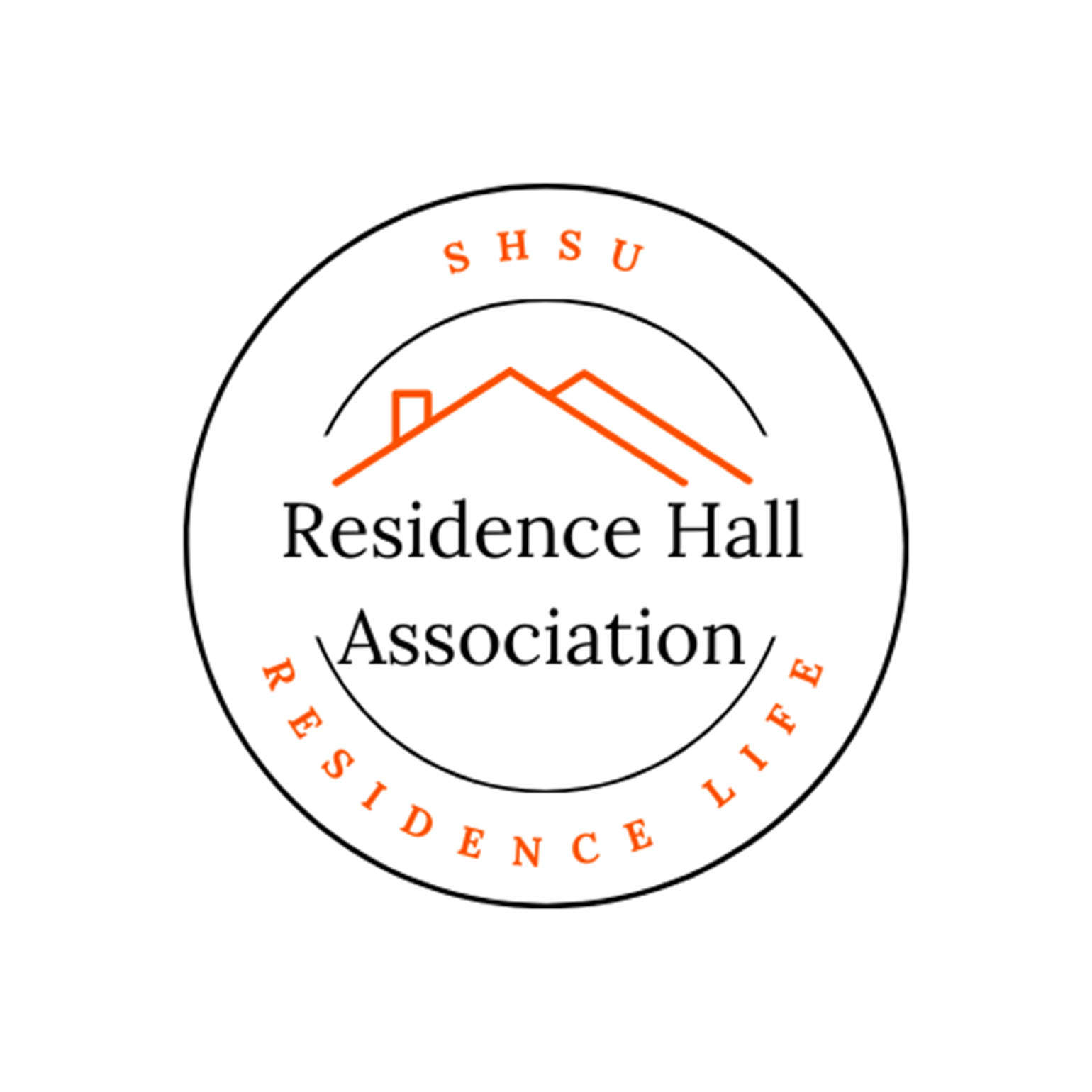 SHSU Residence Hall Association logo featuring minimalist orange roofline above the text “Residence Hall Association,” encircled by the words “SHSU” and “Residence Life.