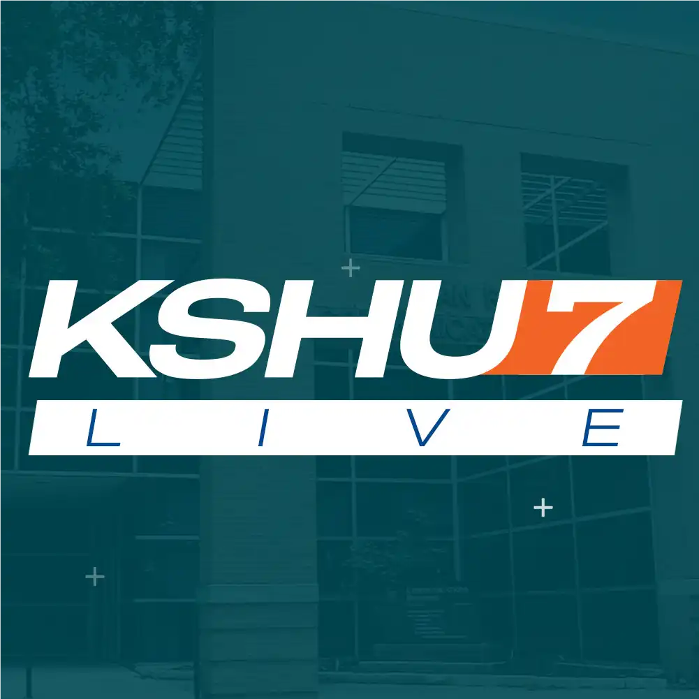 Jade color overlay of Dan Rather Communications Building with the KHSU7 logo.  