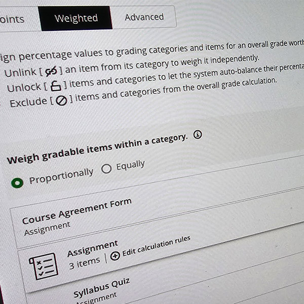 A close-up, angled shot of a computer screen showing a learning management system's grading interface.