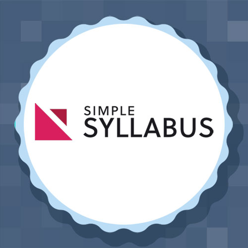 A logo with a white scalloped circle in the center against a blue pixelated background. Inside the circle, the text "SIMPLE SYLLABUS" is written in black, accompanied by a minimalist red geometric icon on the left.